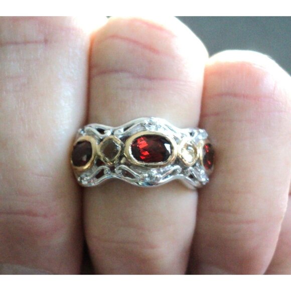 Vintage STERLING Silver + 3 GARNET RING Size 6 by JOYA Gold Vermeil - Picture 1 of 8